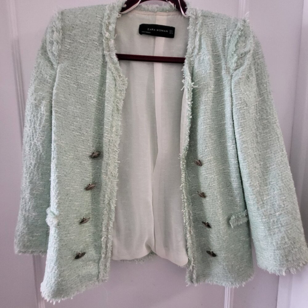 Zara Woman Mint Green Tweed Bouclé Blazer Jacket - Size Small